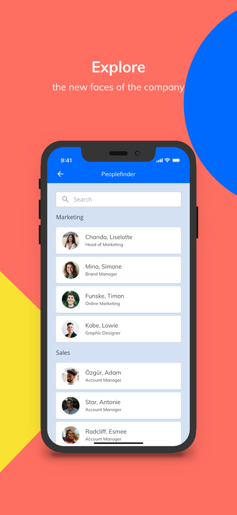 Appical, the onboarding app - Écran de l'application mobile Appical montrant le répertoire du Localisateur de personnes avec les profils des collègues et les titres de poste