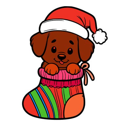 cute puppy wearing santa hat in socking