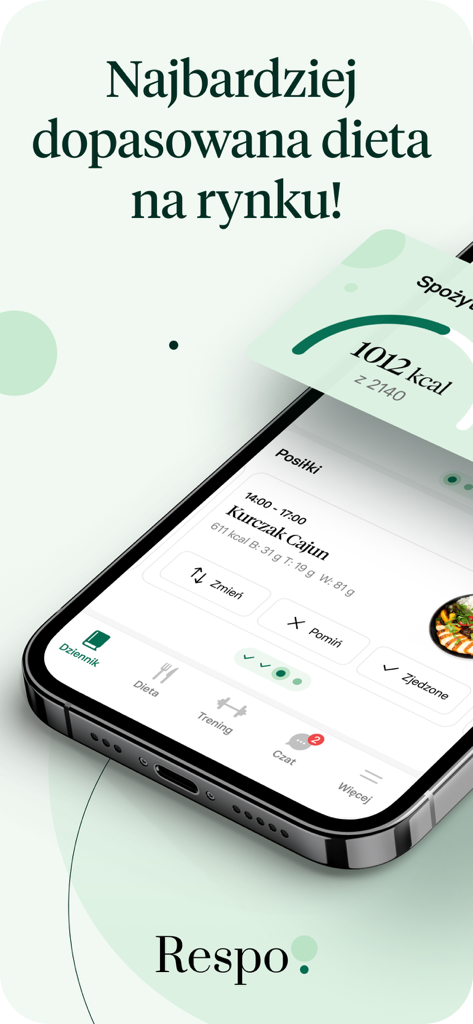 Respo: Dieta i Licznik kalorii - Respo mobile app interface showing a personalized diet plan and calorie tracking progress