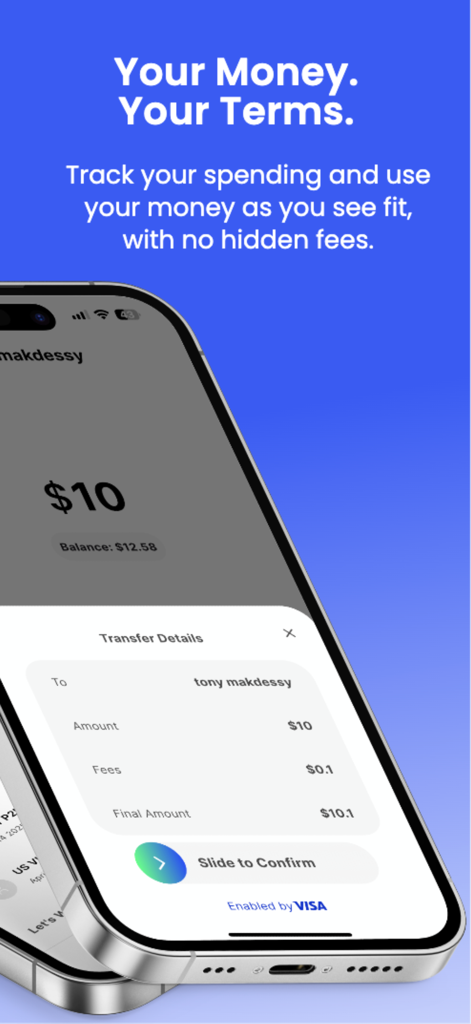 Wink NEO - Smartphone mostrando la app Wink NEO con una pantalla de confirmación de transferencia de dinero, mostrando una transacción de diez dólares y un botón para deslizar y confirmar.