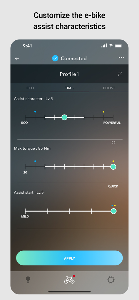 Pantalla de smartphone que muestra la interfaz de la aplicación Shimano E-TUBE PROJECT Cyclist para personalizar las características de asistencia de la bicicleta eléctrica como el par motor y la respuesta de arranque.