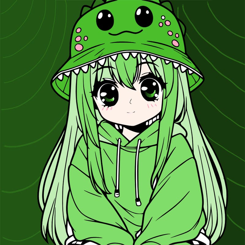 girl with anime shaped eyes with a dinosaur bucket hat oversized sweatshirt long straight hair