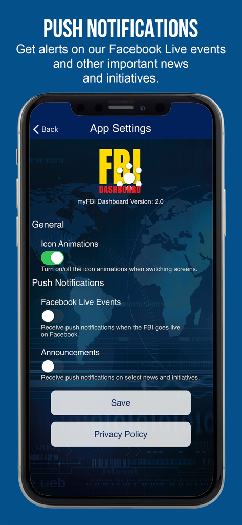 myFBI Dashboard - The app settings screen in myFBI Dashboard showing push notification options for Facebook Live events and announcements.