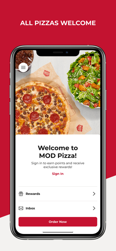 Der Willkommensbildschirm der MOD Pizza Mobile App mit einer Pizza und einem Salat und einem roten "Jetzt bestellen"-Button.