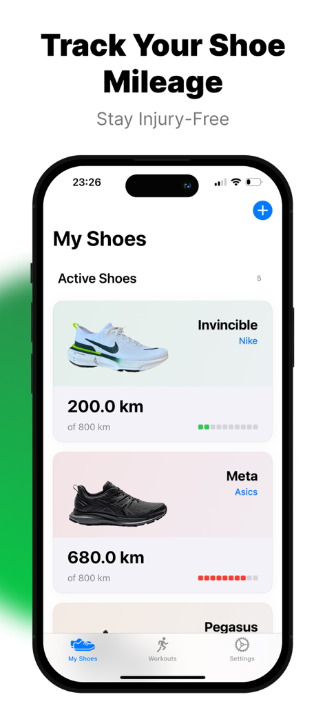 Shoe Tracker app interface showing a list of active sneakers with mileage progress bars and distance totals.