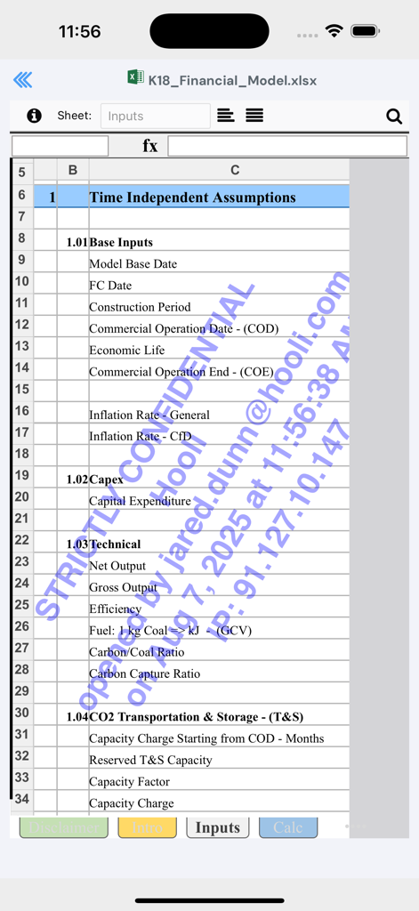 A financial spreadsheet displayed in the ShareVault app with a dynamic strictly confidential security watermark.
