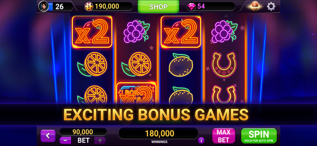 Blackjack 21: online casino - Neon slot machine interface featuring exciting bonus games in Blackjack 21 online casino