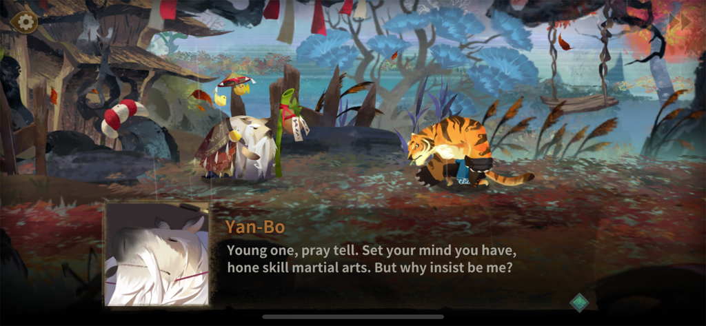 A cinematic story dialogue scene from Sdorica: Tactical RPG featuring the characters Yan-Bo and a tiger warrior in a hand-drawn watercolor landscape.