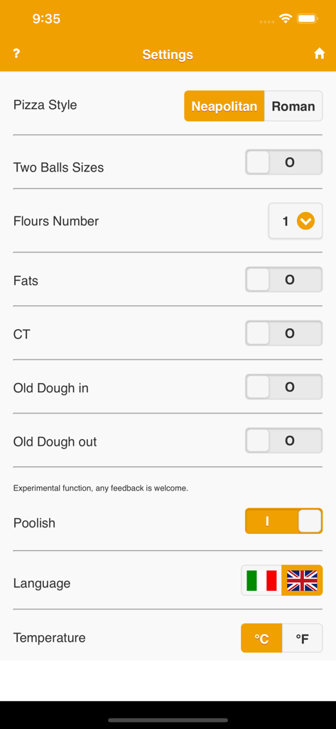 PizzApp+ - Settings screen of the PizzApp plus mobile application showing pizza style selection and dough parameters