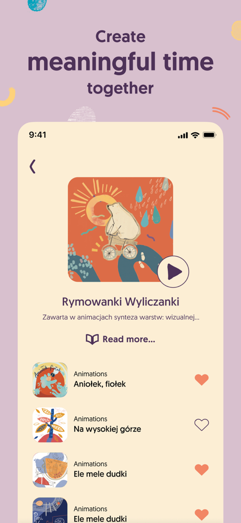 Pomelody Family Music & Fun - Interface de l'application Pomelody montrant une liste de lecture de chansons pour enfants polonaises et des animations avec des illustrations artistiques.