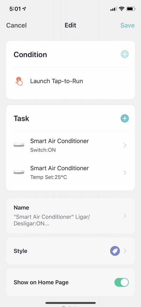 Pantalla de la aplicación Smart Life Philco que muestra la creación de una automatización "tap-to-run" para un aire acondicionado inteligente