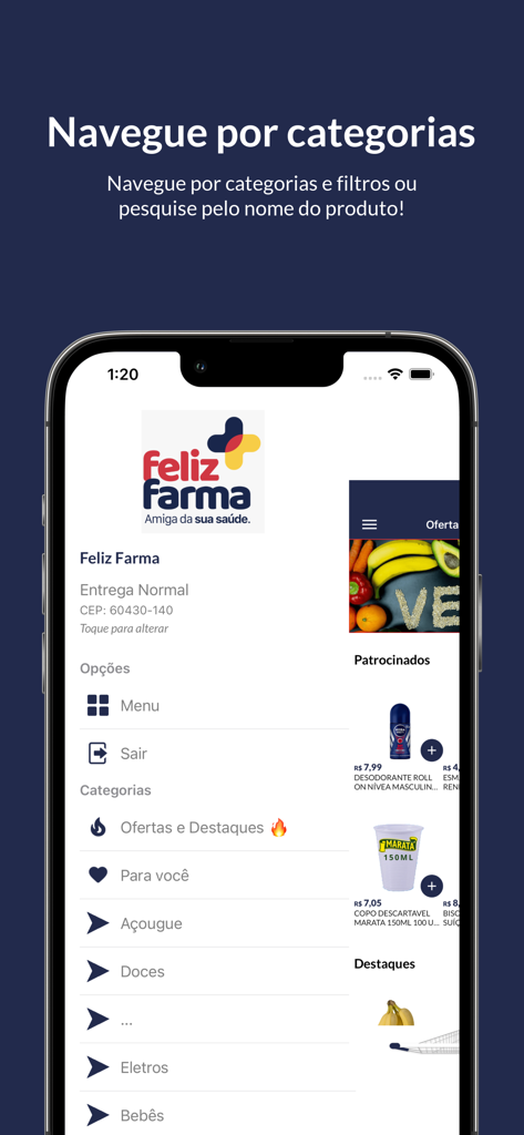 Feliz Farma - Captura de tela do aplicativo móvel Feliz Farma mostrando o menu de navegação principal com categorias de compras em português