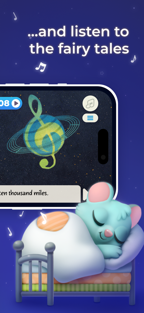 Little Stories: Bedtime Books - Une souris de dessin animé dort dans un lit sous un écran de smartphone affichant une planète en forme de note de musique et les mots « écoutez les contes de fées ».