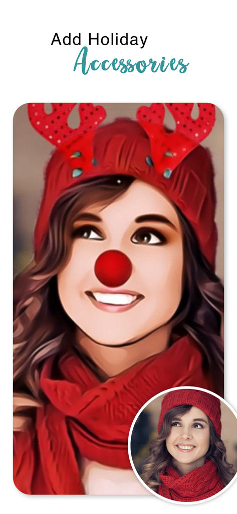 Christmas Photo Frames ゜ - A woman with reindeer antlers and a red nose added to her portrait using holiday photo accessories.