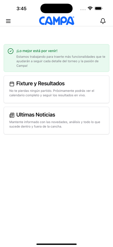 Campa - Pantalla de inicio de la app de fútbol Campa mostrando secciones para fixture, resultados y últimas noticias