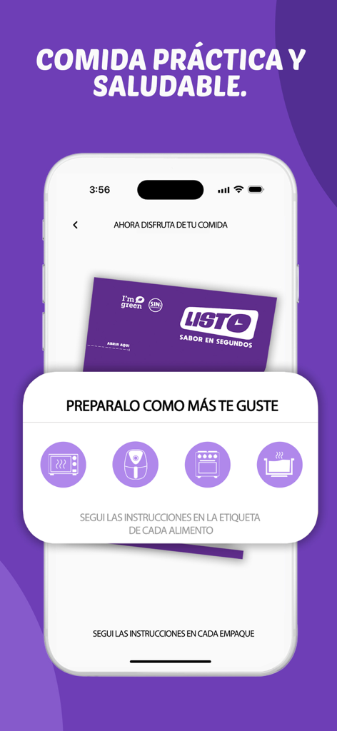 Listo - Delivery App - Interface do app Listo mostrando várias opções de cozimento para refeições congeladas saudáveis