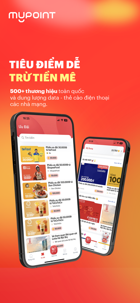 MyPoint: Tích điểm muôn nơi - Dois smartphones exibindo a interface do aplicativo MyPoint com vários vouchers de compras e pontos de recompensa para marcas vietnamitas