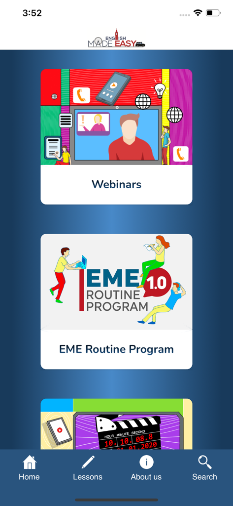 English Made Easy - Dashboard of the English Made Easy app displaying webinars and routine program options