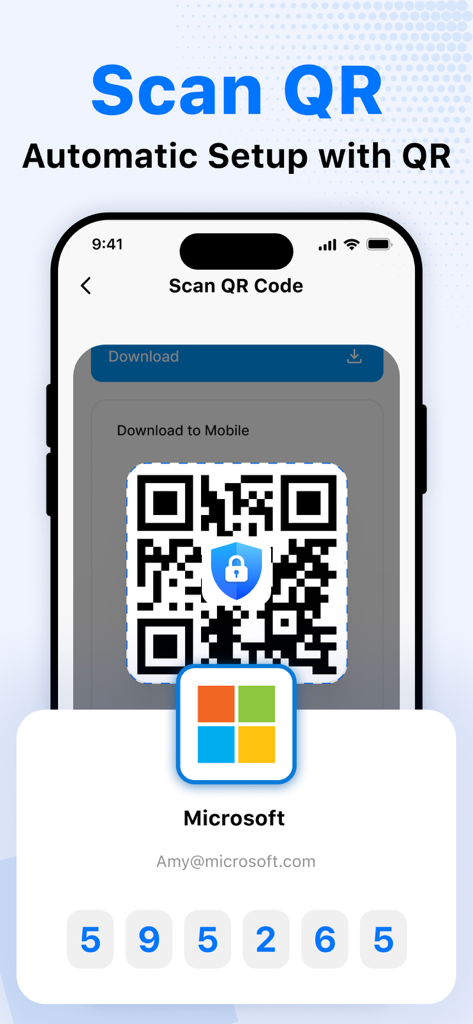 Oberfläche zeigt automatische Konto-Einrichtung über QR-Code-Scan in der Authenticator App.