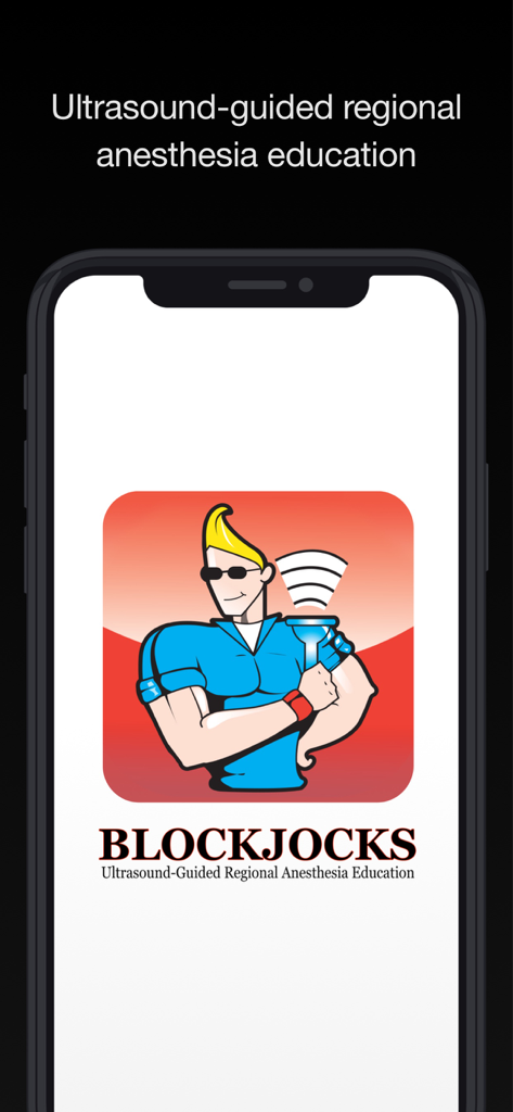 BLOCKJOCKS - Blockjocks Mobile App Splash Screen mit dem Logo und dem Text für ultraschallgeführte Regionalanästhesie-Ausbildung