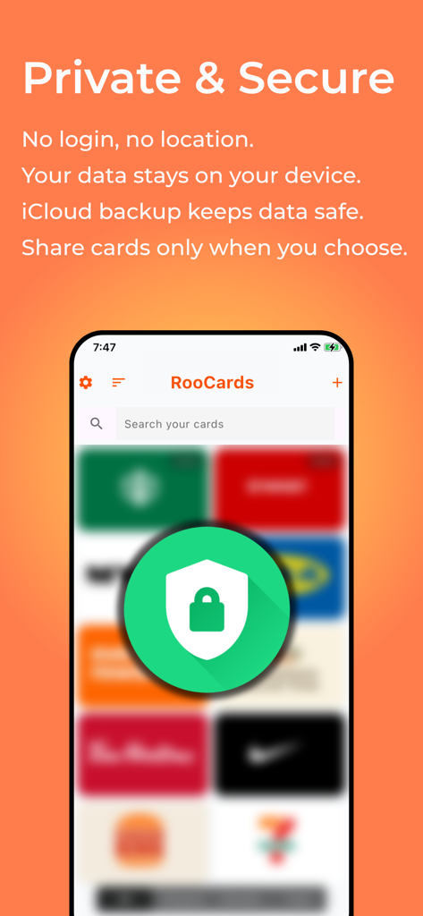 Store Card - All in One App - RooCards app interface showcasing private and secure digital wallet features with no login required