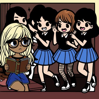 realistic girl with glasses and holding a book with realistic popular girls bullying her