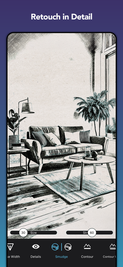Benutzeroberfläche der BeCasso-App zeigt ein in eine detaillierte Bleistiftskizze verwandeltes Foto eines Wohnzimmers mit Retuschierwerkzeugen