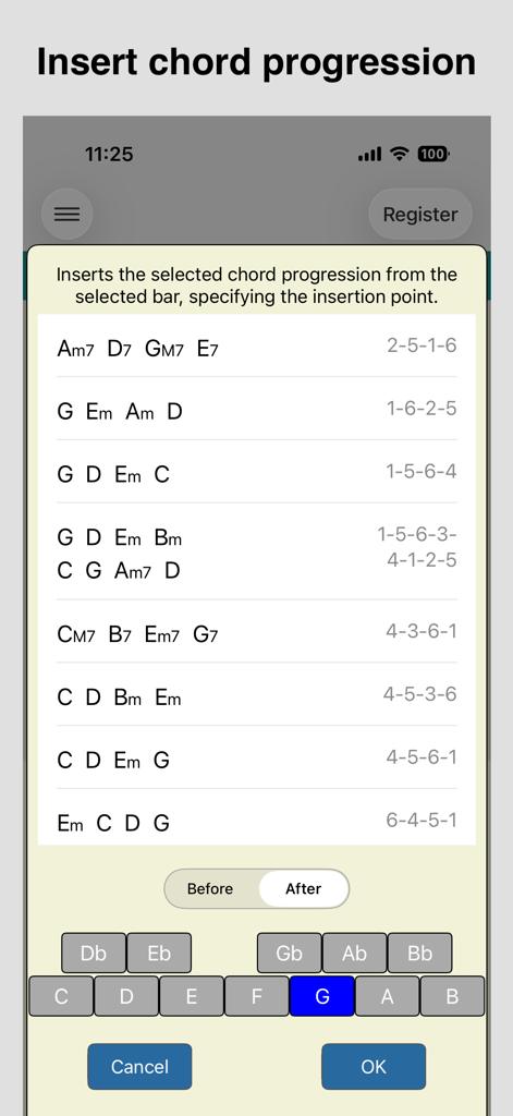 Selection screen for common piano chord progressions in the Piano Chords Master app