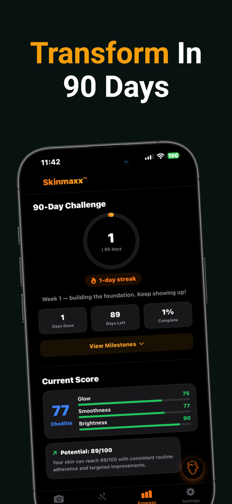 Skinmaxx - Get Scores & Ascend - Skinmaxx app interface showing a 90 day challenge tracker with current skin scores and glow rankings