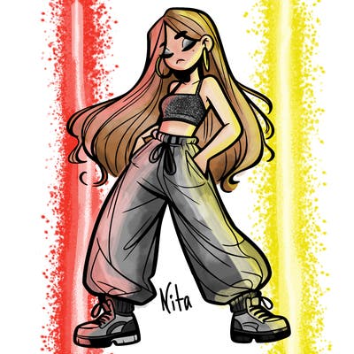 girl in baggy pants crop top and long hair