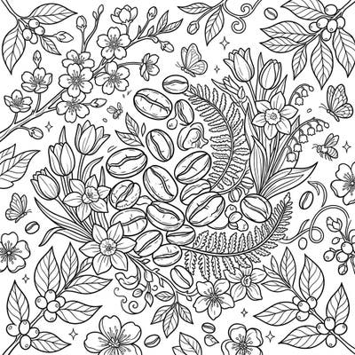 Celebrate the vibrancy of spring with this unique coloring page featuring aromatic coffee beans nestled among beautiful blooms. Discover a delightful fusion of nature's awakening and your favorite morning ritual in a single design.