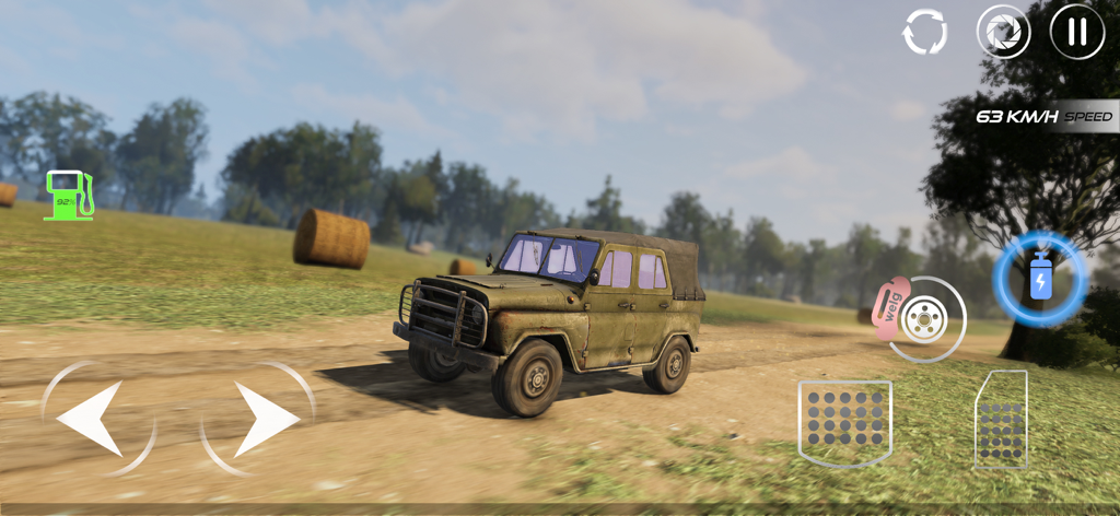 wDrive Roads: Russia - Un vehículo todoterreno de color verde oliva conduciendo por un camino de tierra en un campo rural