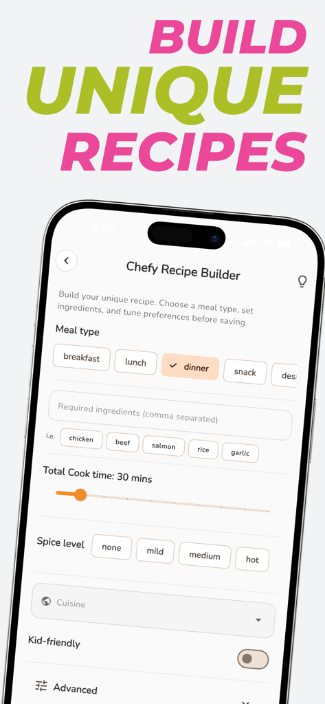 Chefy Meal Planner & Recipes - Chefy app recipe builder screen showing options for selecting meal type, ingredients, cook time, and spice level.