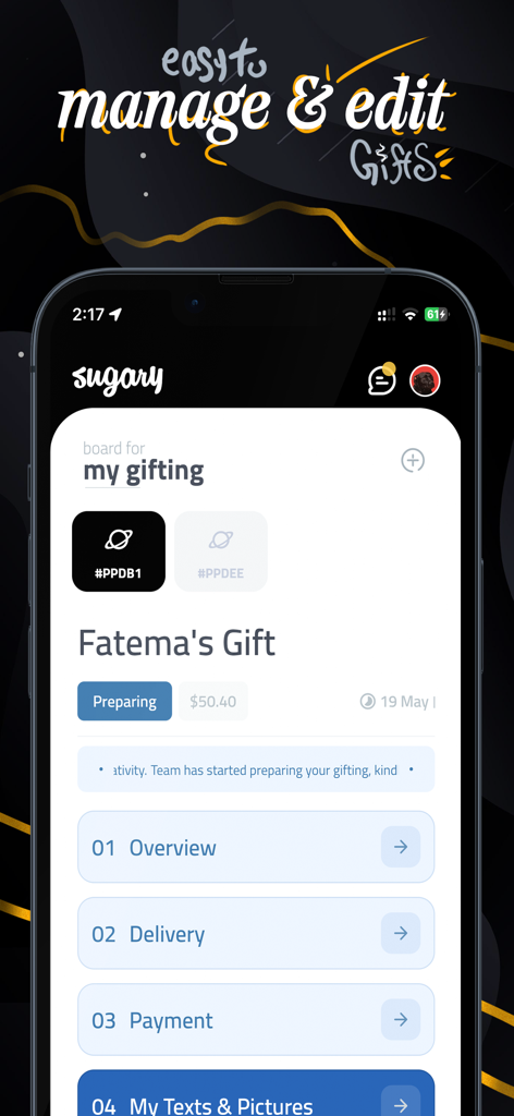 パーソナライズされたギフト注文を管理および編集するためのSugaryアプリインターフェイス