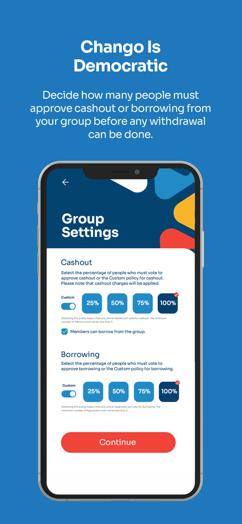 Chango - Groups & Crowdfunding - Écran des paramètres de groupe de l'application Chango pour le vote démocratique de retrait de fonds
