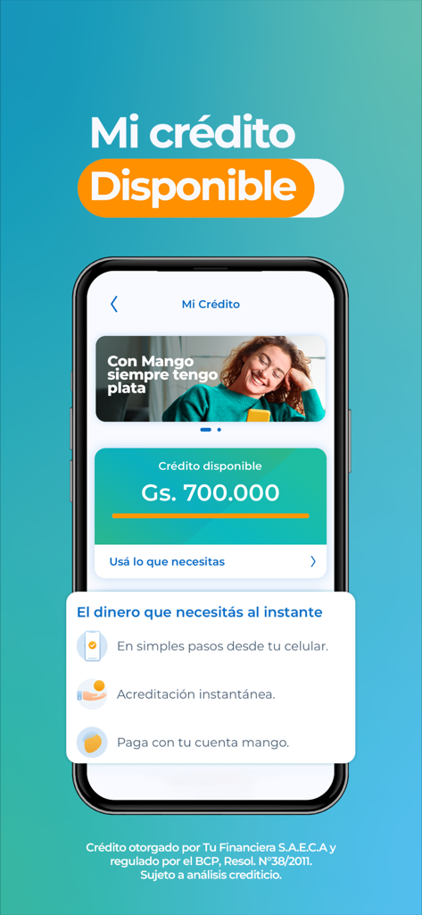 Billetera Mango - Mobile phone screen of Billetera Mango app displaying available credit balance in Paraguayan Guarani