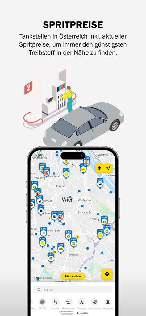 ÖAMTC - A screenshot of the ÖAMTC app showing a map of Vienna with real-time fuel prices at various gas stations.