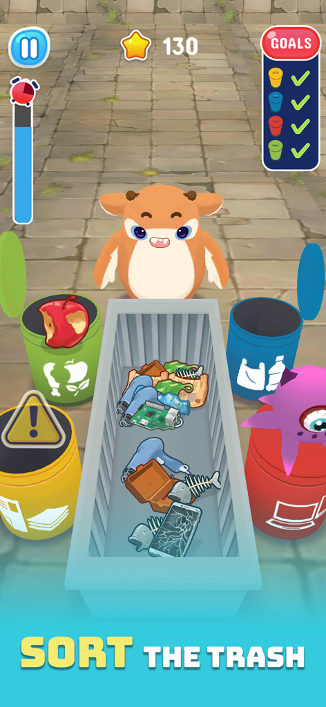 Bumi: Next stop, Earth! - A trash sorting mini-game in Bumi Next stop Earth where players sort different types of waste into colorful recycling bins.