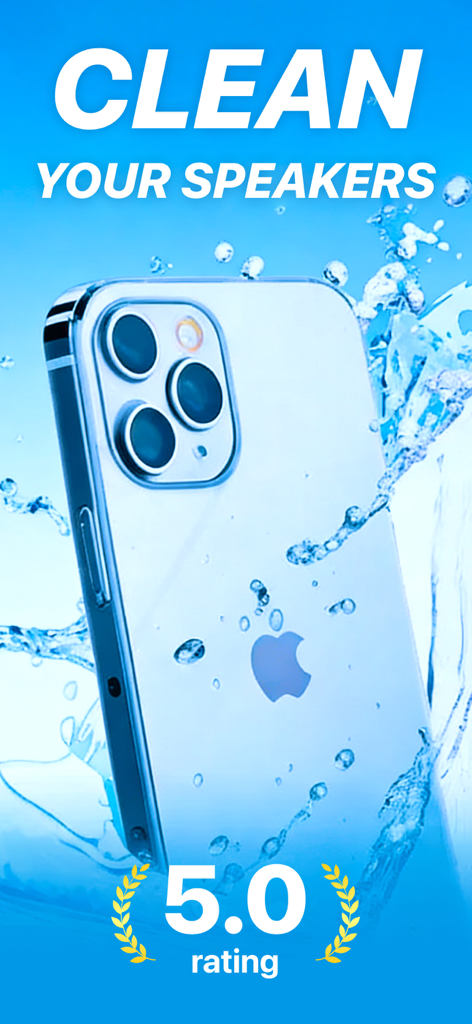Teléfono inteligente en agua salpicada con el texto Limpia tus altavoces y una calificación de 5.0