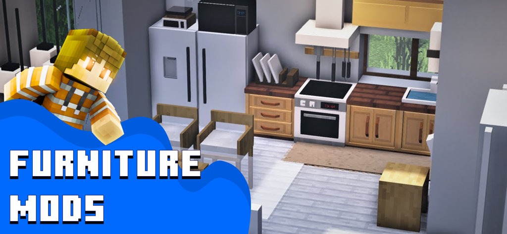 Addons for Minecraft ▸ - 모던 가구 모드와 캐릭터가 등장하는 마인크래프트 주방 장면
