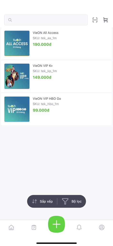 Product selection screen in the VieON Agent L1 app showing available streaming packages for distributors