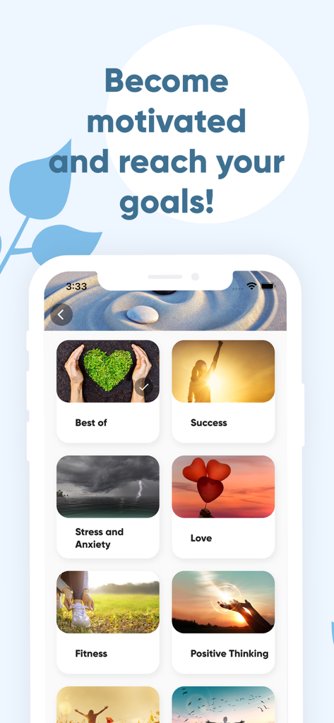 Mobile app interface showing daily affirmation categories including success love and fitness
