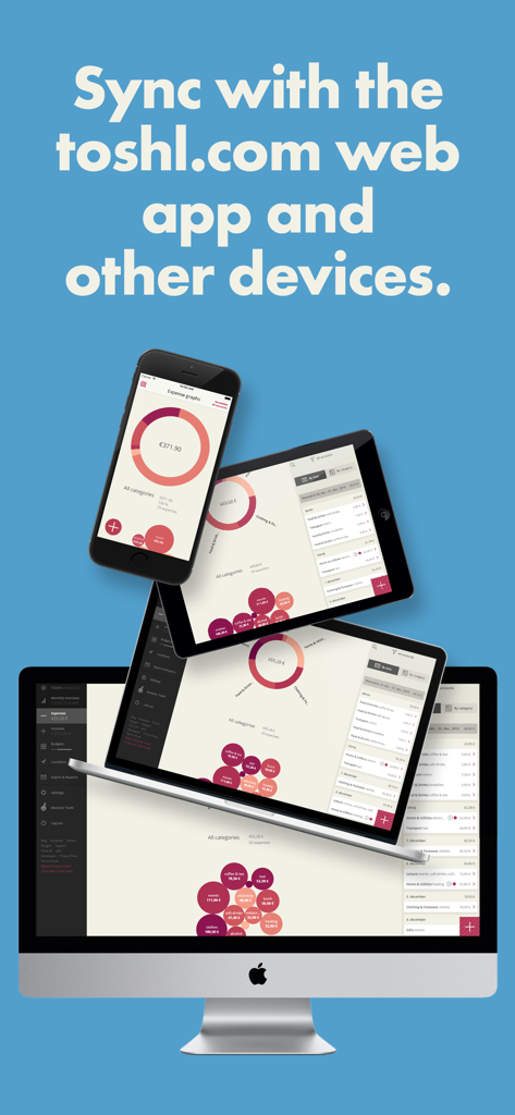 Toshl Finance - Best Budget - Toshl Finance app showing financial data synced across a smartphone tablet and desktop computer