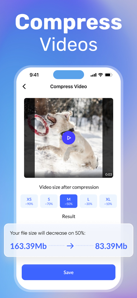 Smartphone screen showing the video compression feature of Cleanup App reducing a video file size to free up storage.