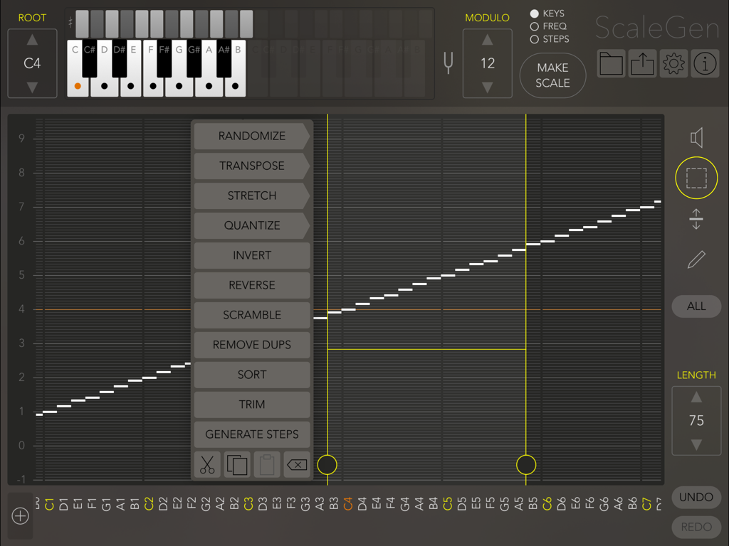 ScaleGen - ScaleGen app interface featuring a pitch matrix editor for custom MIDI scale creation on iPad.