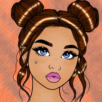 realistic girl with two buns on her hair and lips