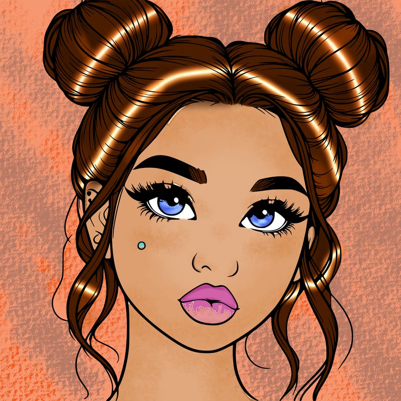 realistic girl with two buns on her hair and lips