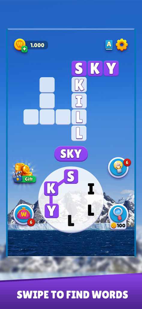 Word connect gameplay in Word Universe featuring a crossword grid and scenic mountain background