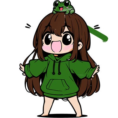 a excited chibi girl whith long hair and a baggy shirt whith a frog on there head
