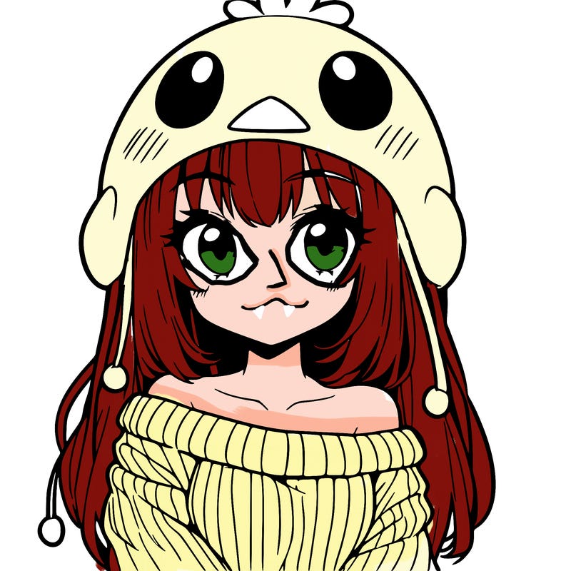anime girl with chick shaped hat with sweater with bare shoulders with bangs covering them one eye with low tail